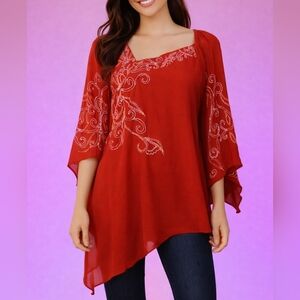 TUNIQUE Fairycore Hot Candy Pink Chiffon Beaded Angled Assymetric Blouse